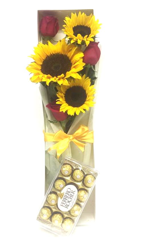 Caja de 3 Girasoles y 3 Rosas ecuatorianas ms Bombones Ferrero Rocher 150 Grs